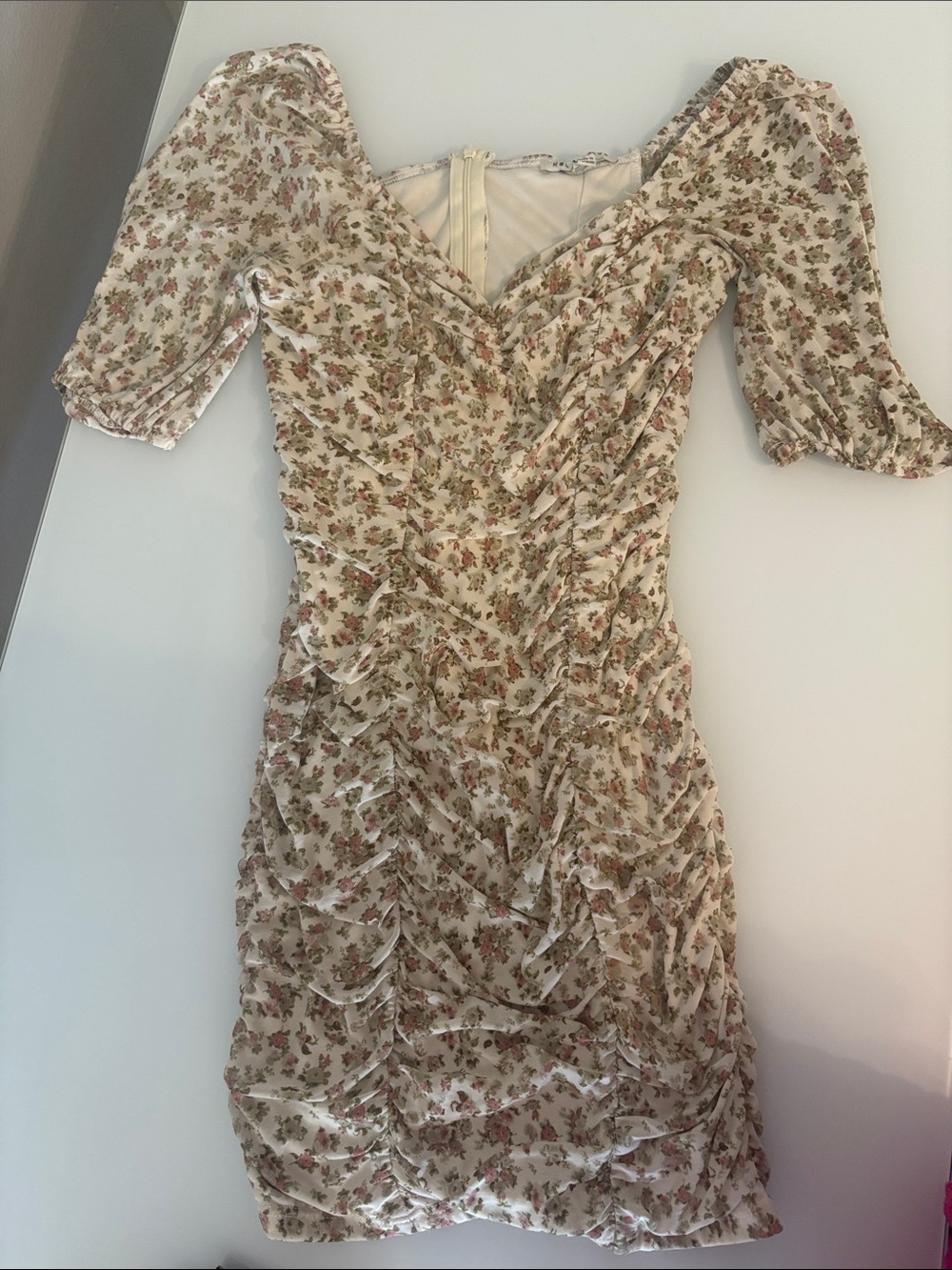Floral Ruched V-Neck Mini Dress - Cream with Pink Floral